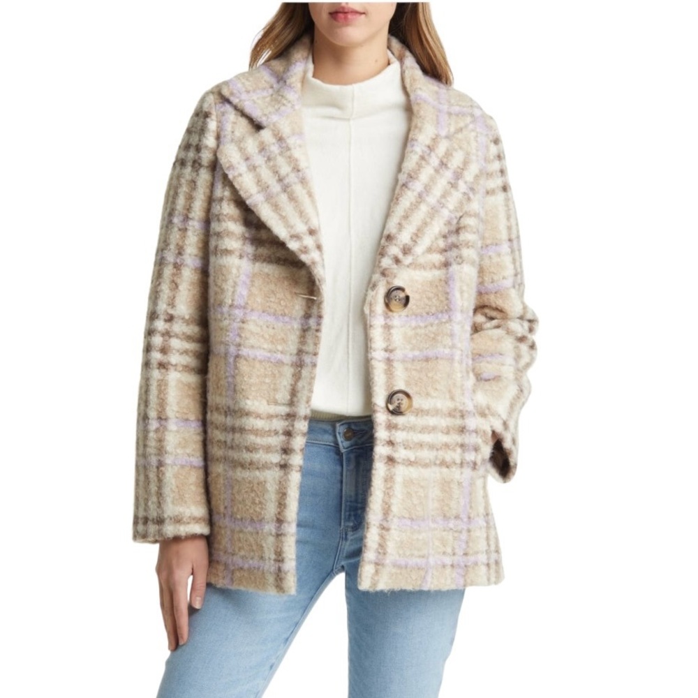 Sam Edelman Plaid Teddy Button Front Jacket Beige Tan Lavender Size Medium